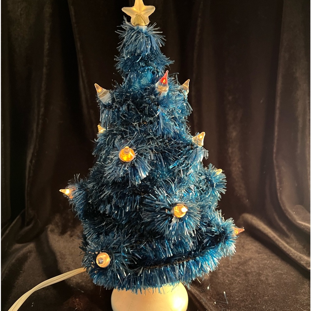 Vintage Blue Tinsel Glolite Christmas Tree With Damaged Box